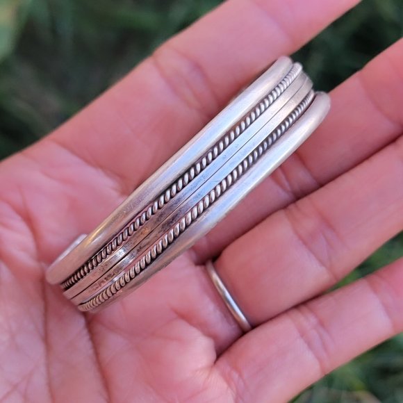 Native American smooth band + rope border + split band five shank 925 sterling - Picture 6 of 13